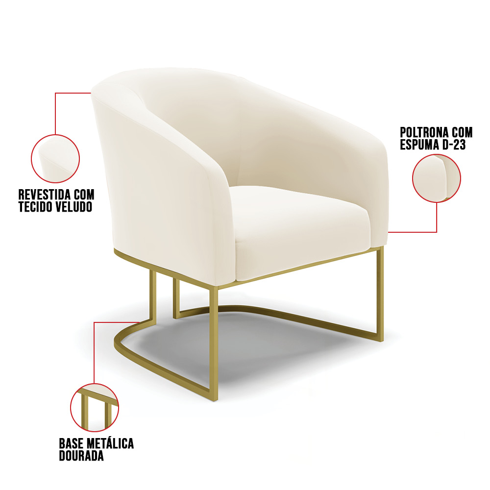 Poltrona Stella Veludo Bege Base Metálica Industrial Dourado - D'Rossi