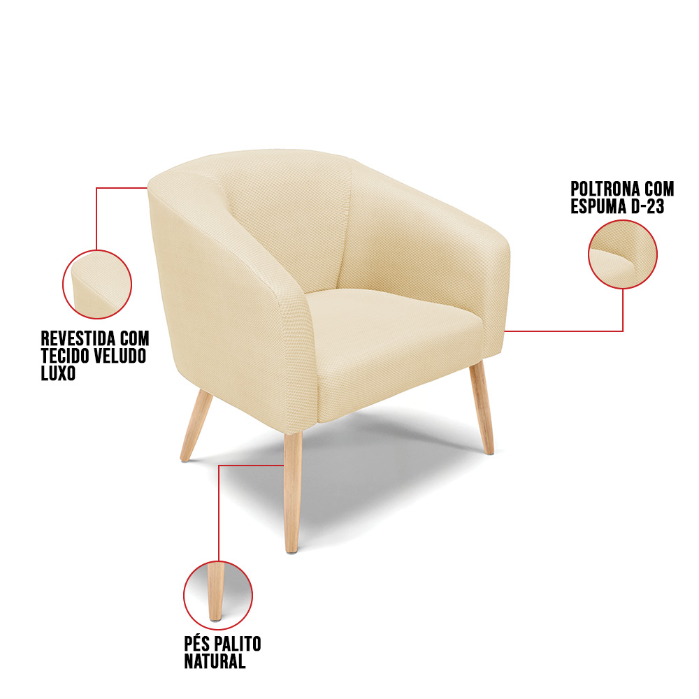 Poltrona Stella Veludo Luxo Pés Palito Natural - D'Rossi