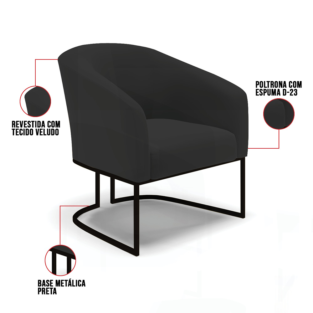 Poltrona Stella Veludo Preto Base Metálica Industrial Preto - D'Rossi