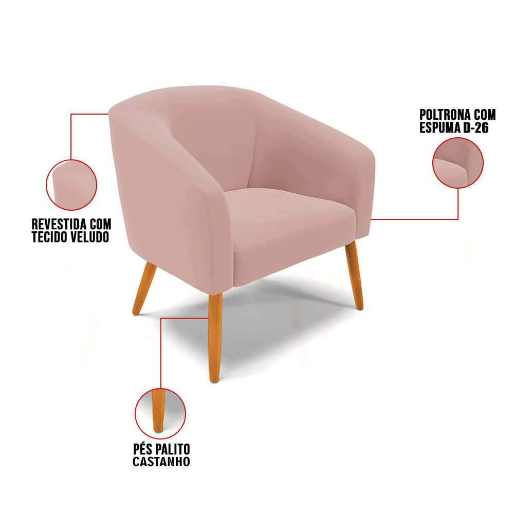 Poltrona Stella Veludo Rose Pés Palito Castanho D'Rossi
