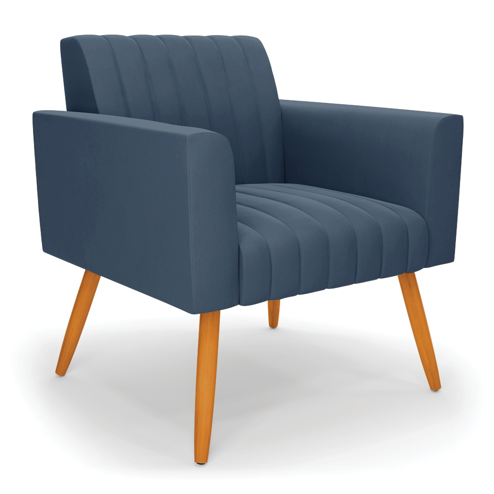 Poltrona Viena Gomada Suede Azul Marinho Pés Palito Castanho - D'Rossi