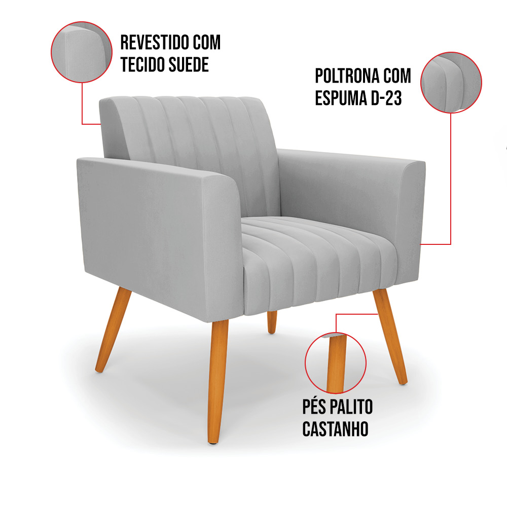 Poltrona Viena Gomada Suede Cinza Pés Palito Castanho - D'Rossi