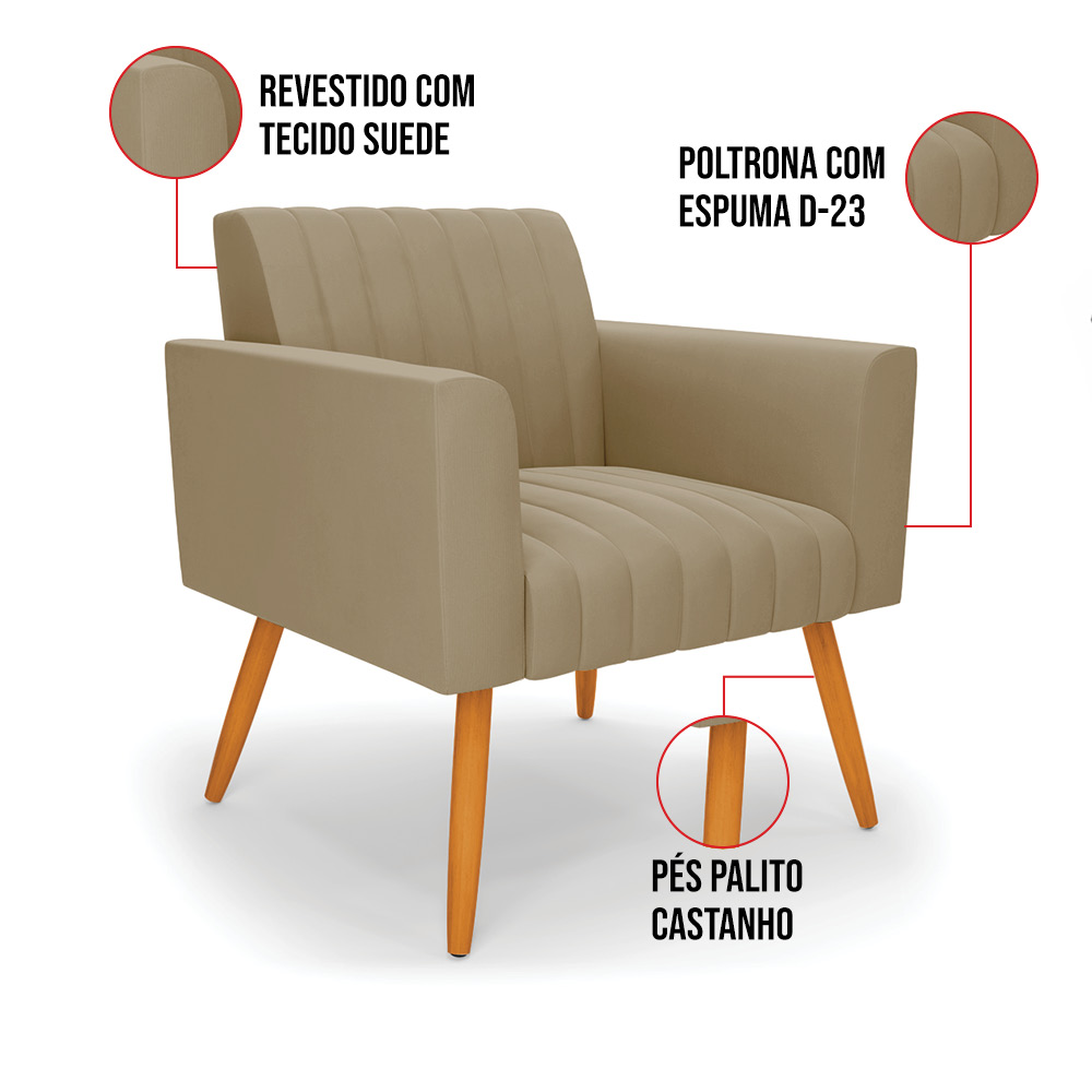 Poltrona Viena Gomada Suede Marrom Rato Pés Palito Castanho - D'Rossi