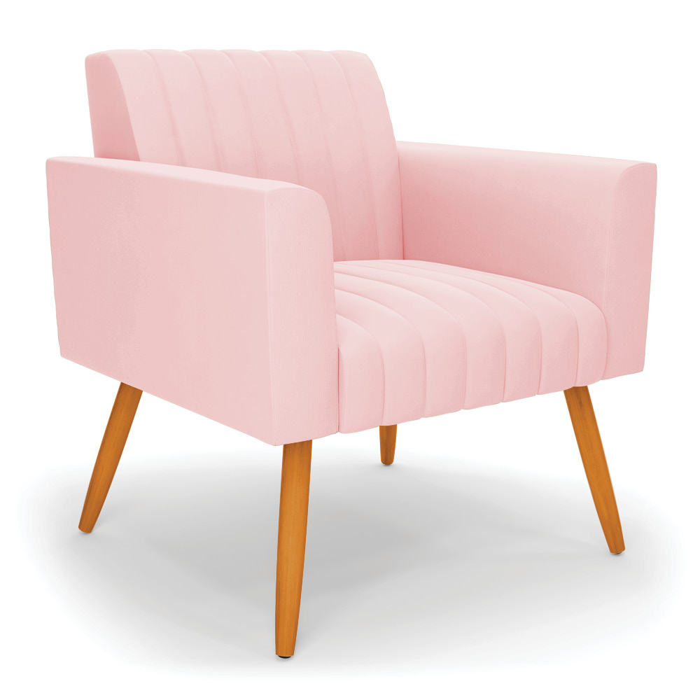 Poltrona Viena Gomada Suede Rosa Bebê Pés Palito Castanho - D'Rossi