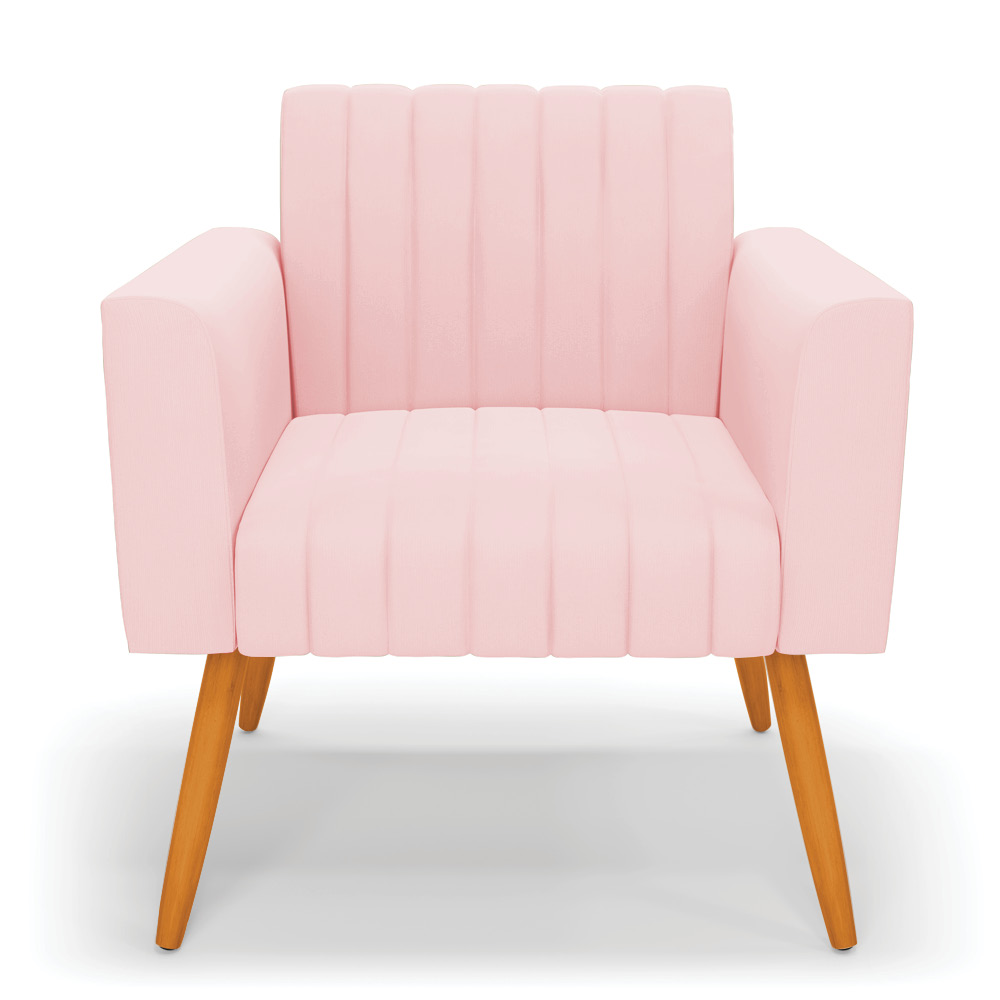 Poltrona Viena Gomada Suede Rosa Bebê Pés Palito Castanho - D'Rossi