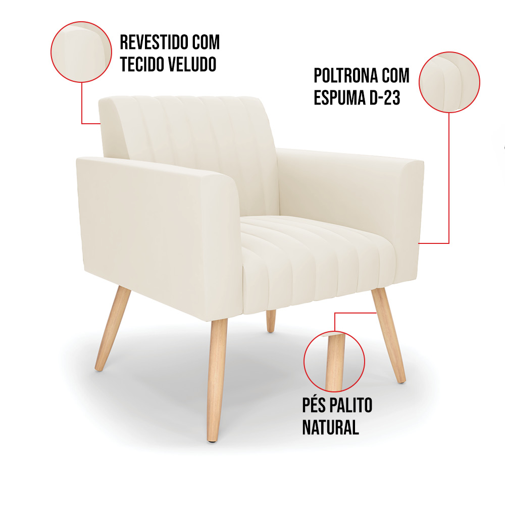 Poltrona Viena Gomada Veludo Pés Palito Natural - D'Rossi