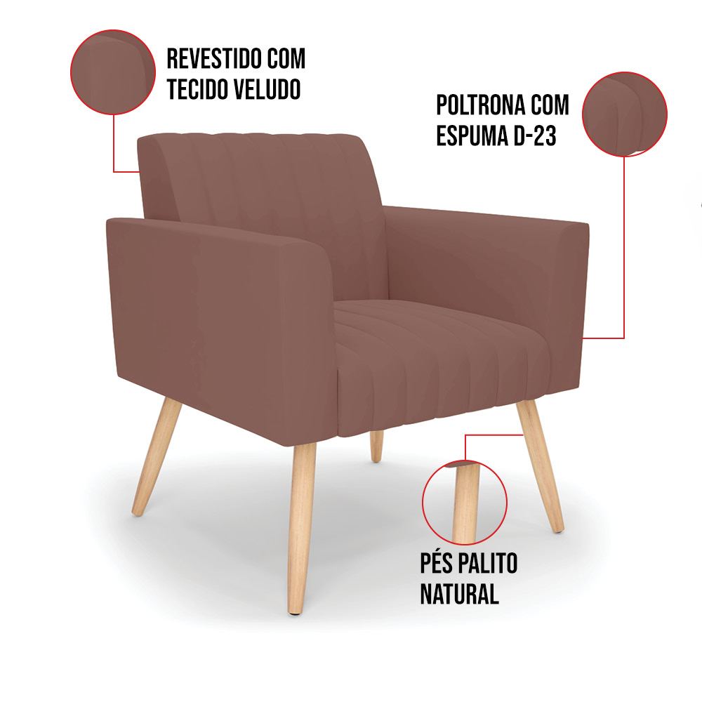Poltrona Viena Gomada Veludo Rosê Pés Palito Natural - D'Rossi