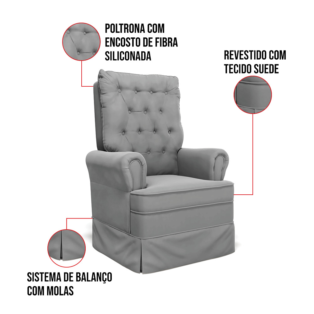 Poltrona de Amamentação com Balanço e Puff Laura Veludo Cinza TB122 Base de Madeira - D'Rossi