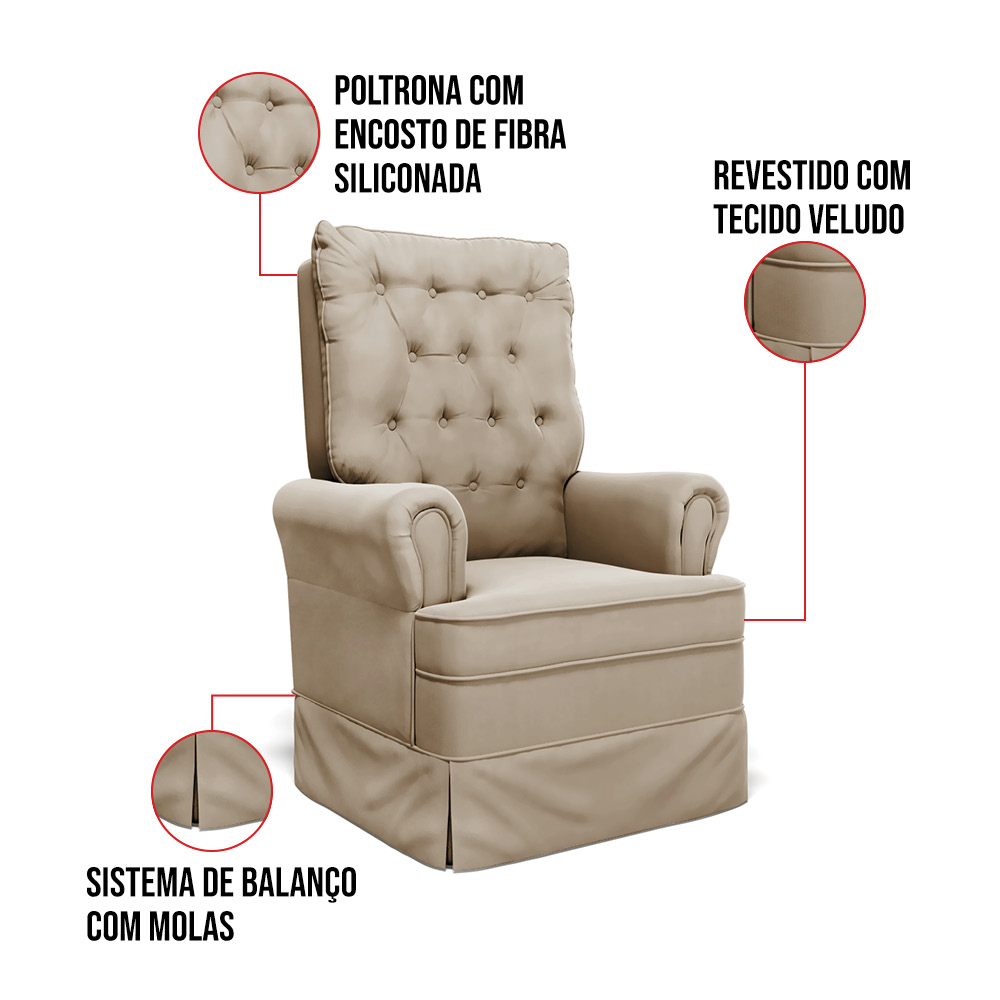 Poltrona de Amamentação com Balanço e Puff Laura Veludo Marrom TB302 Base de Madeira - D'Rossi