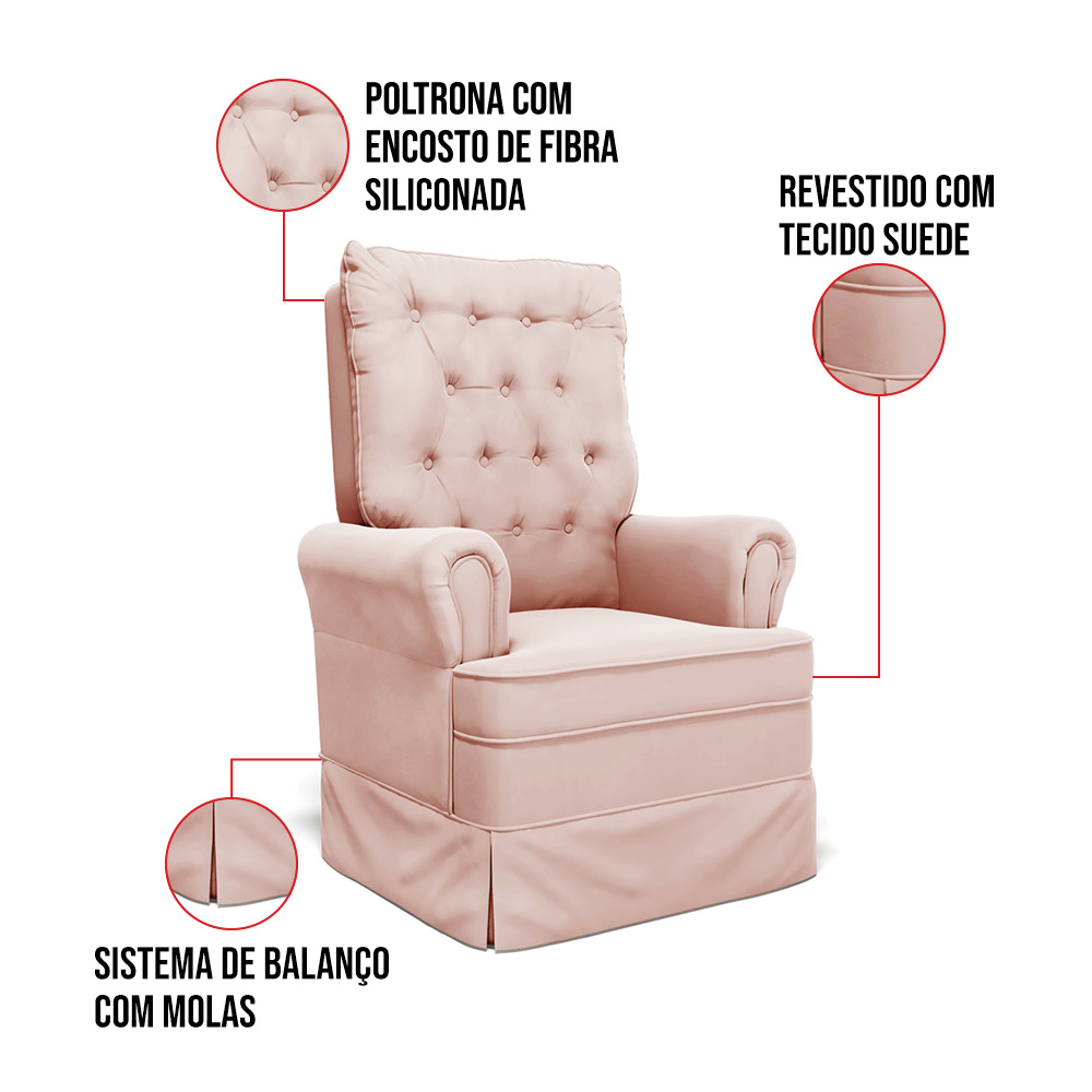 Poltrona de Amamentação com Balanço e Puff Laura Veludo Nude TB111 Base de Madeira - D'Rossi
