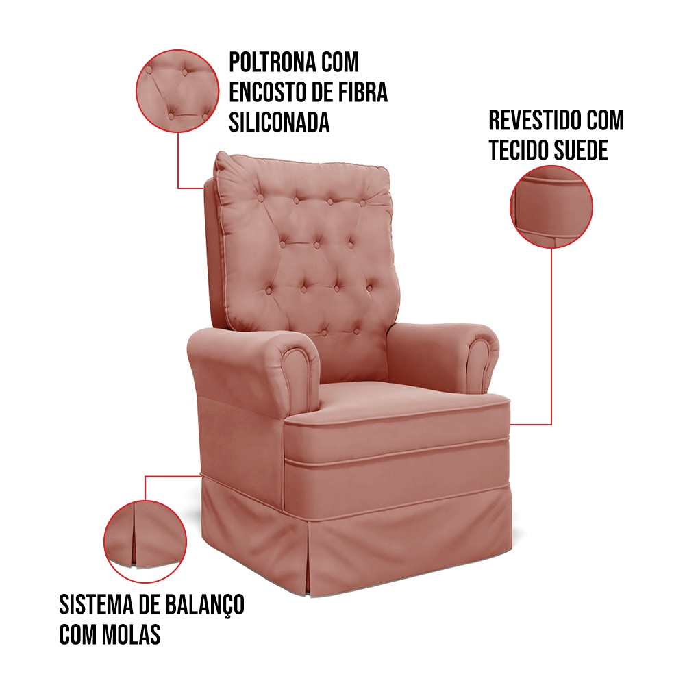 Poltrona de Amamentação com Balanço e Puff Laura Veludo Rosê TB120 Base de Madeira - D'Rossi