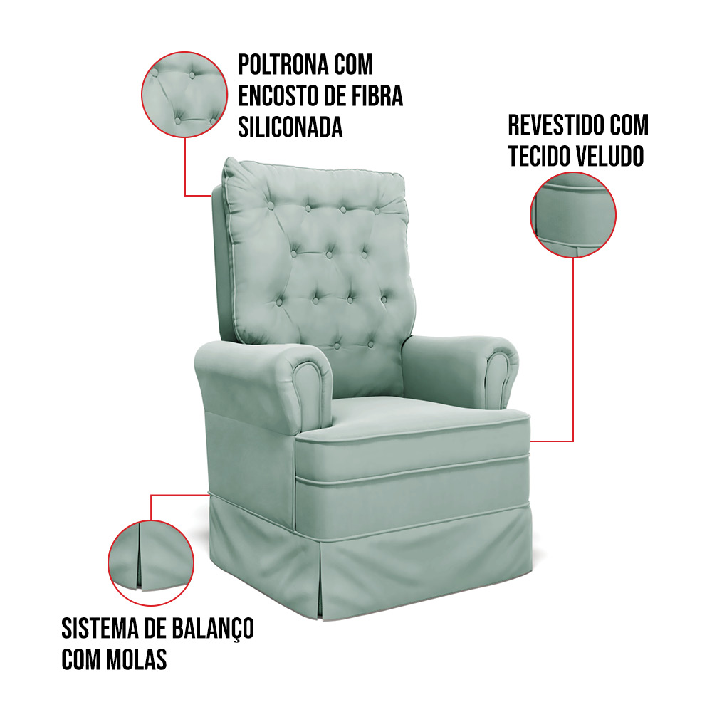 Poltrona de Amamentação com Balanço e Puff Laura Veludo Verde Turquesa TB112 Base de Madeira - D'Rossi