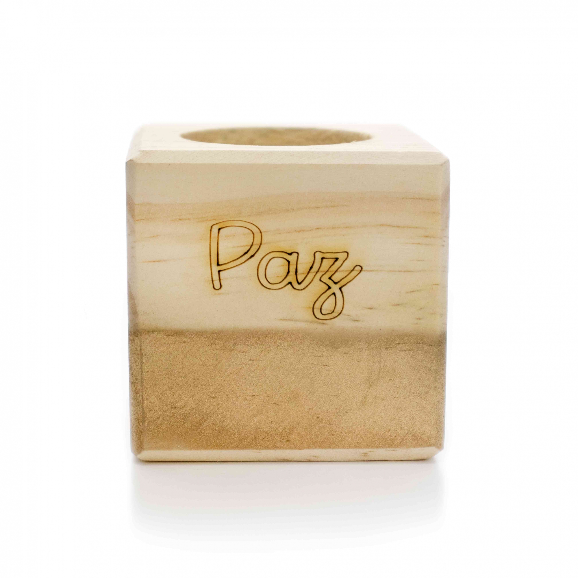 Porta Vela quadrado de Natal Paz em Madeira e Dourado 7 cm - D'Rossi
