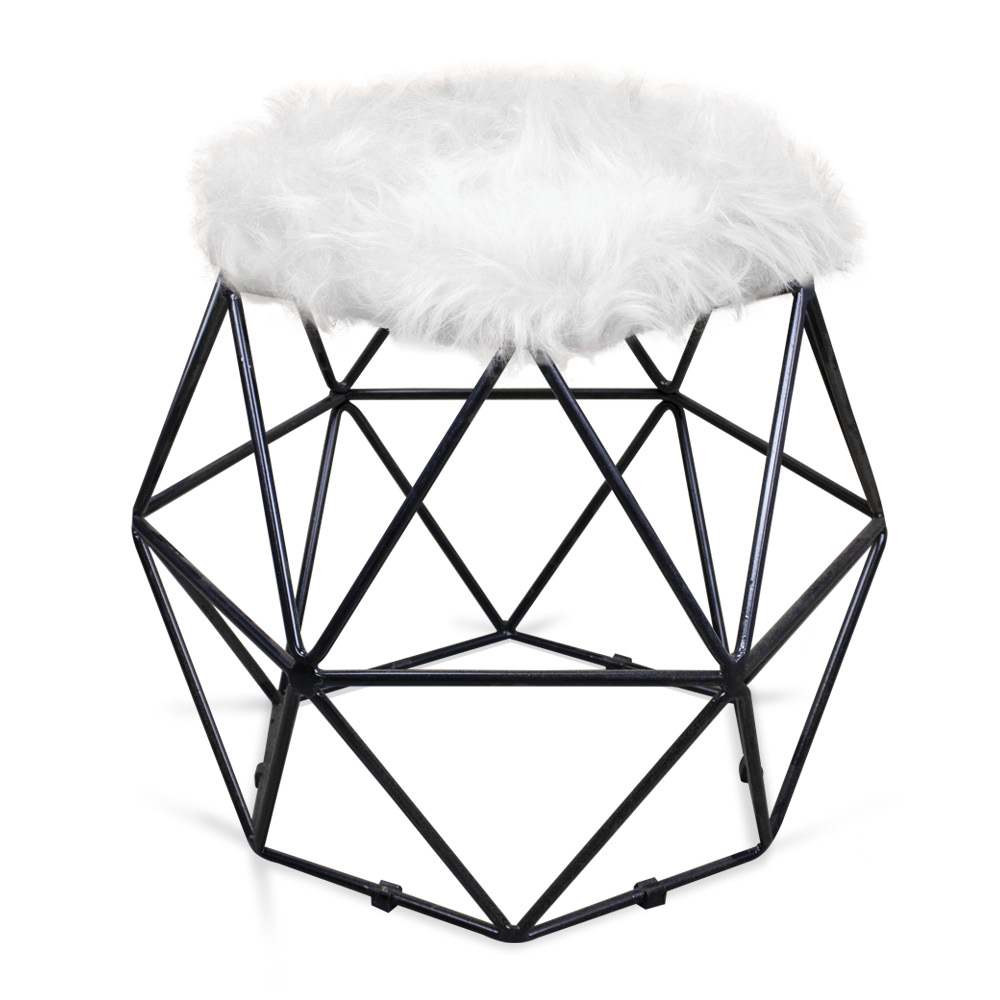 Puff Aramado Hexágono Decorativo Industrial Preto com Pelúcia Branco D03 - D'Rossi