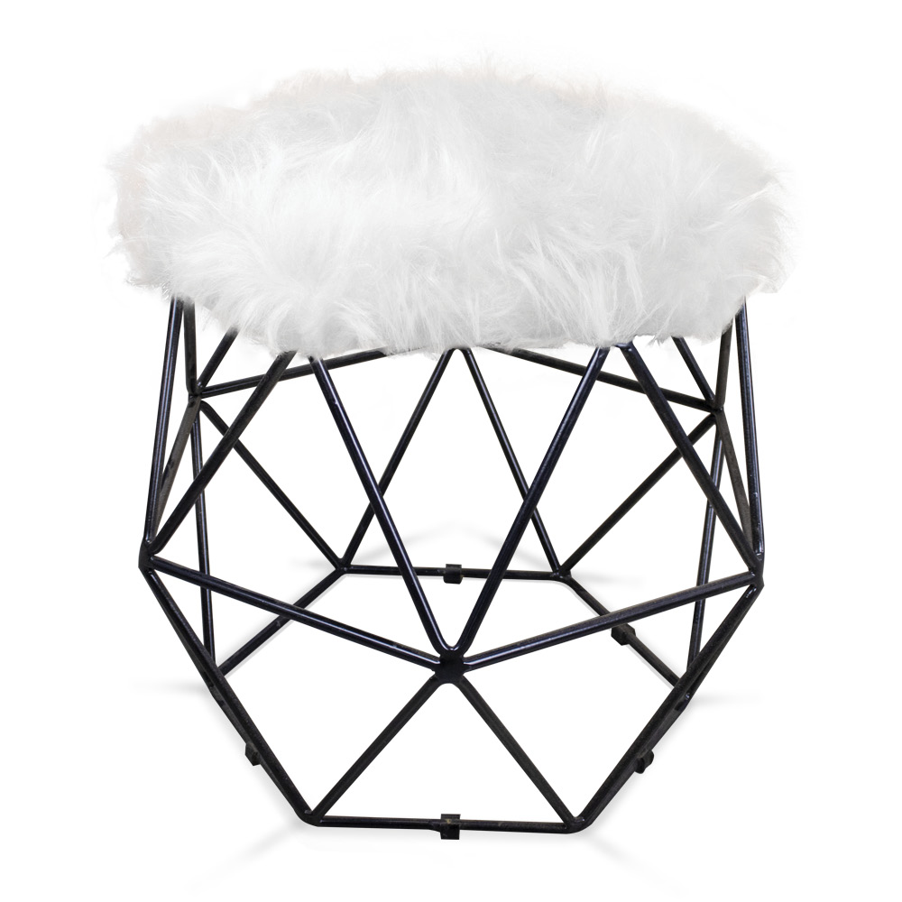 Puff Aramado Hexágono Decorativo Industrial Preto com Pelúcia Branco D03 - D'Rossi