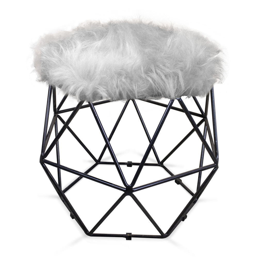 Puff Aramado Hexágono Decorativo Industrial Preto com Pelúcia Cinza D03 - D'Rossi