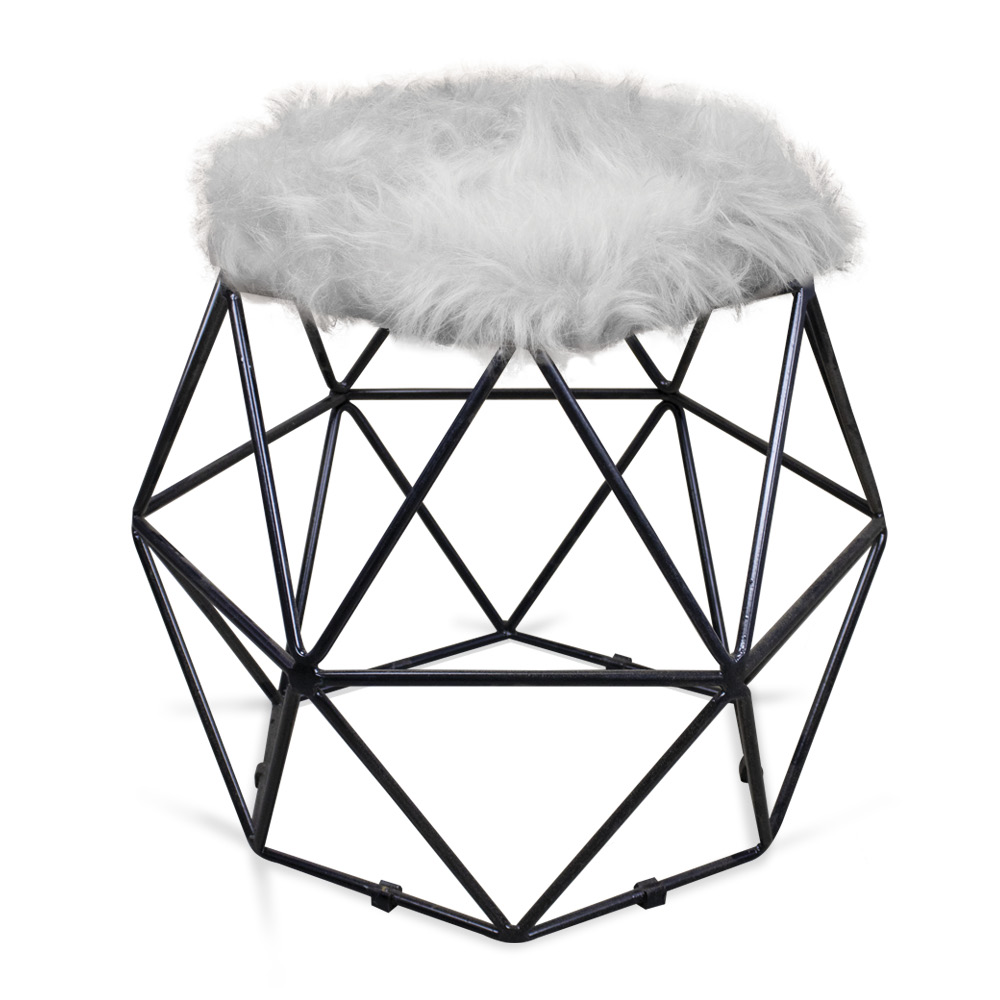 Puff Aramado Hexágono Decorativo Industrial Preto com Pelúcia Cinza D03 - D'Rossi