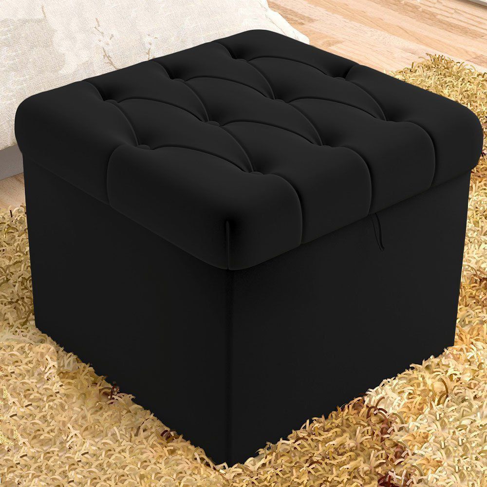 Puff Baú Capitonê Quadrado Suede Preto - D'Rossi