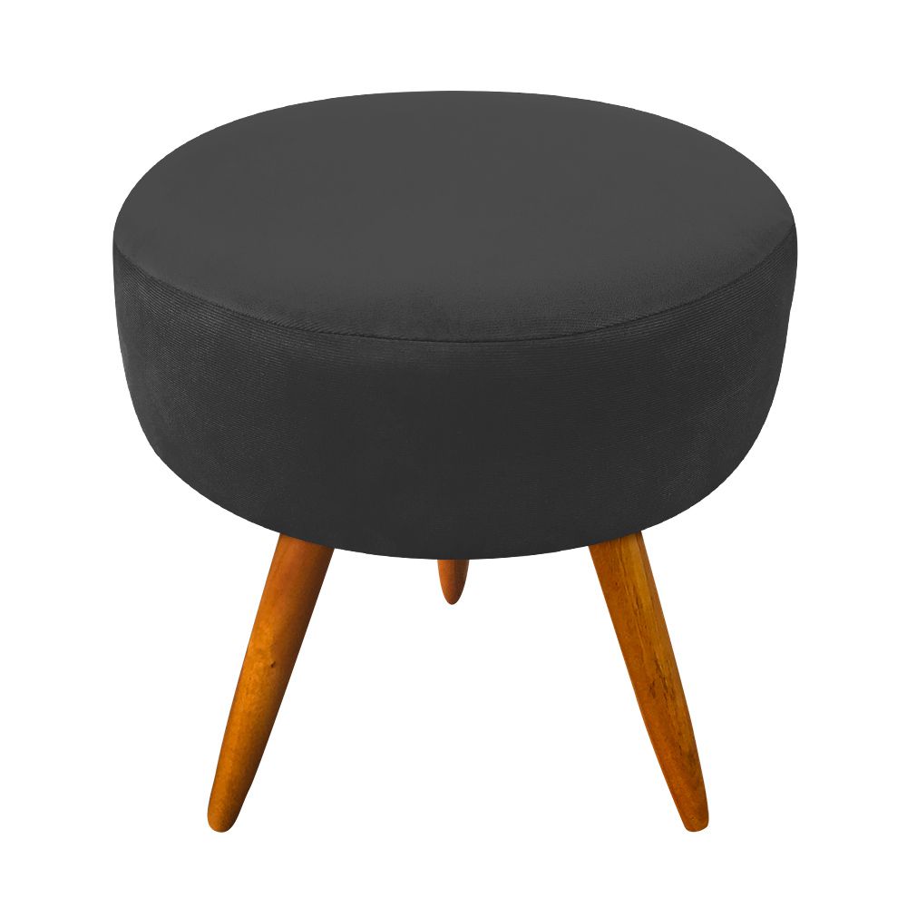 Puff Banqueta Berlim Redondo Suede Preto Pés Castanho D'Rossi
