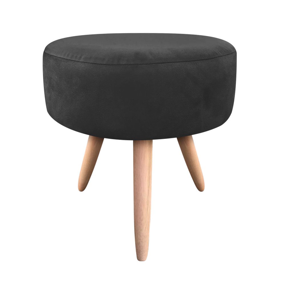 Puff Banqueta Berlim Redondo Suede Preto Pés Natural D'Rossi