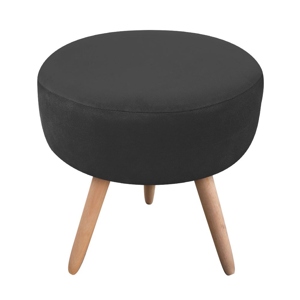 Puff Banqueta Berlim Redondo Suede Preto Pés Natural D'Rossi
