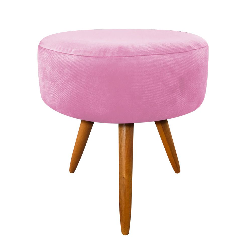 Puff Banqueta Berlim Redondo Suede Rosa Bebê Pés Castanho D'Rossi