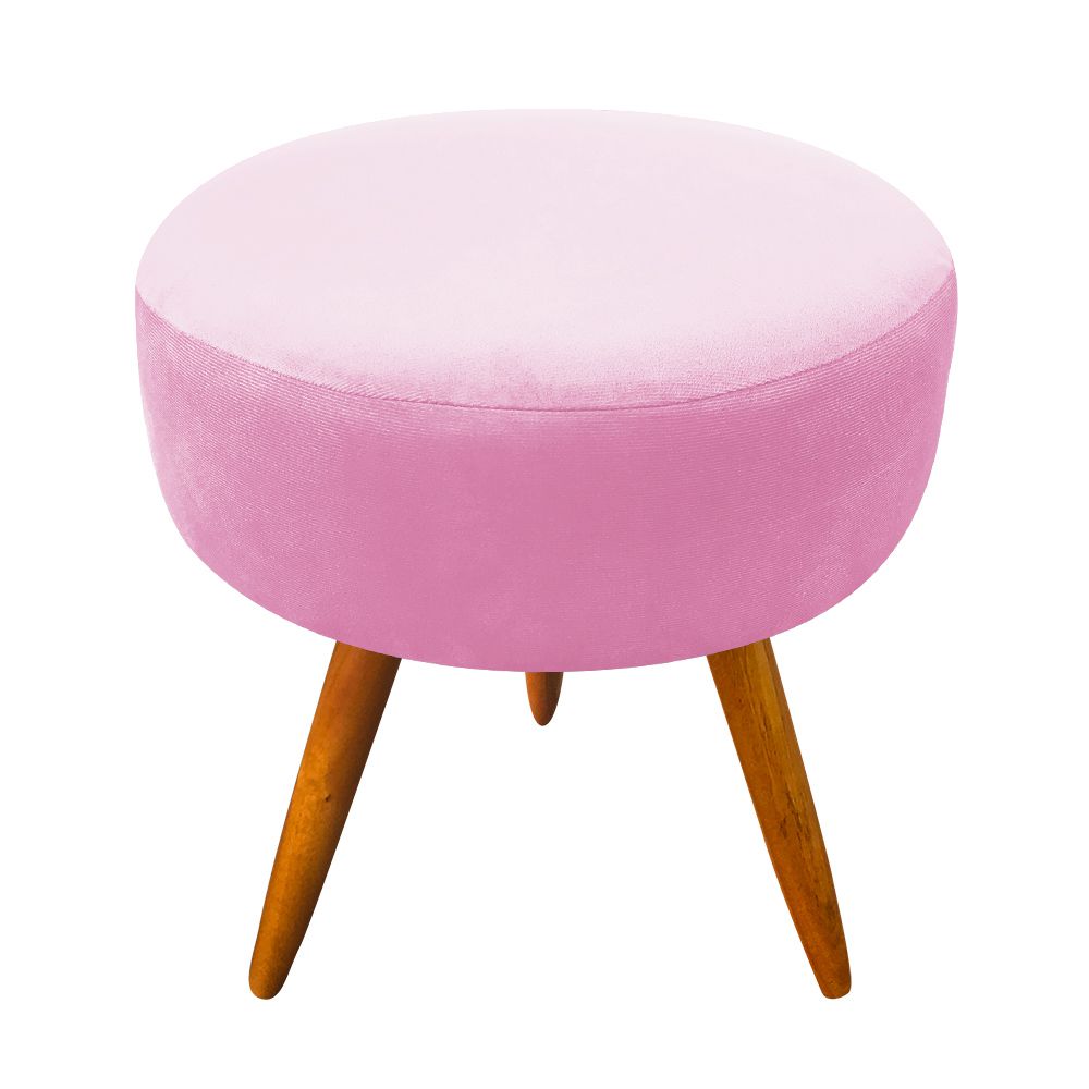 Puff Banqueta Berlim Redondo Suede Rosa Bebê Pés Castanho D'Rossi