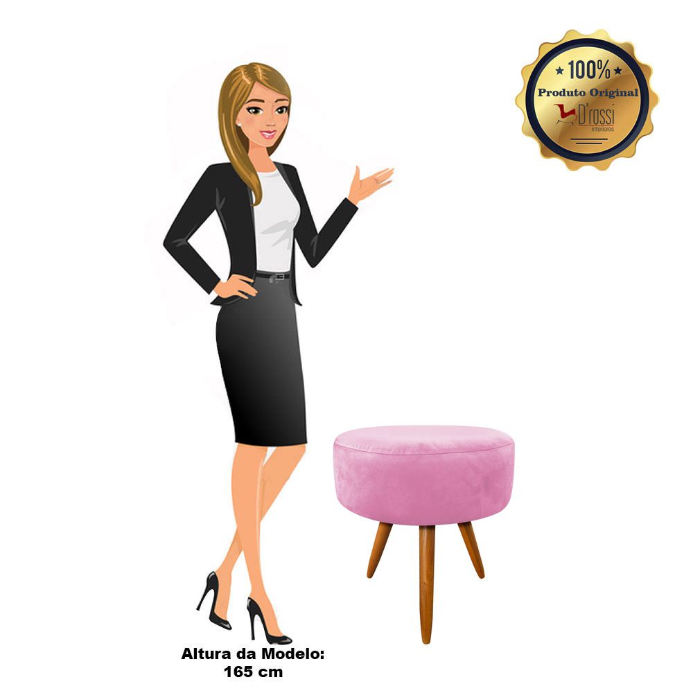 Puff Banqueta Berlim Redondo Suede Rosa Bebê Pés Castanho D'Rossi