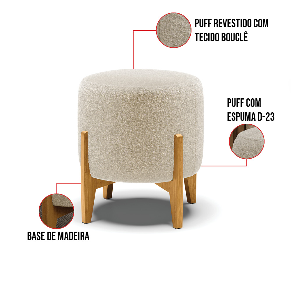 Puff Banqueta Decorativo Base Madeira Stella Bouclê Bege D03 - D'Rossi