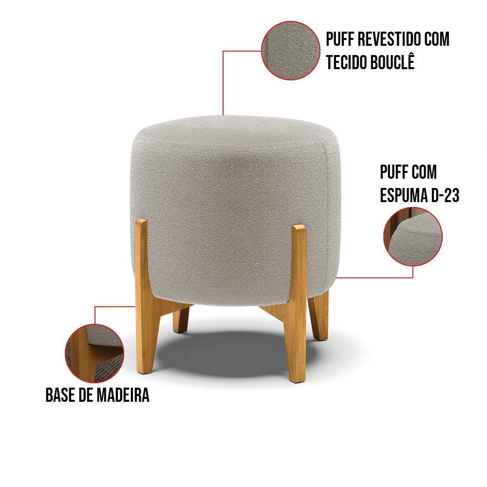 Puff Banqueta Decorativo Base Madeira Stella Bouclê Cinza P01 - D'Rossi