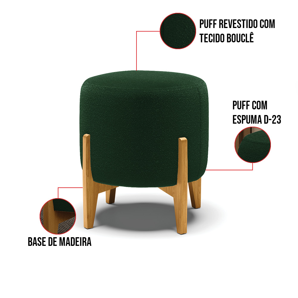 Puff Banqueta Decorativo Base Madeira Stella Bouclê Verde P01 - D'Rossi