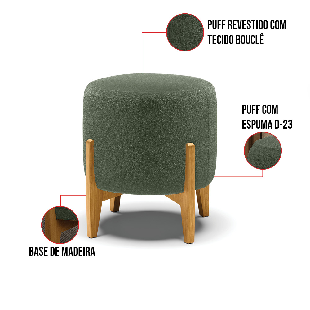 Puff Banqueta Decorativo Base Madeira Stella Bouclê Verde Pistache P01 - D'Rossi