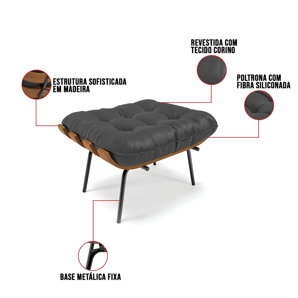 Puff Costela Corino Preto Base Metálica Preto - D'Rossi