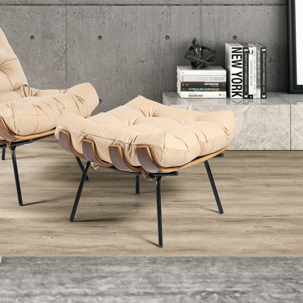 Puff Costela Couro Bege Base Metal D'Rossi