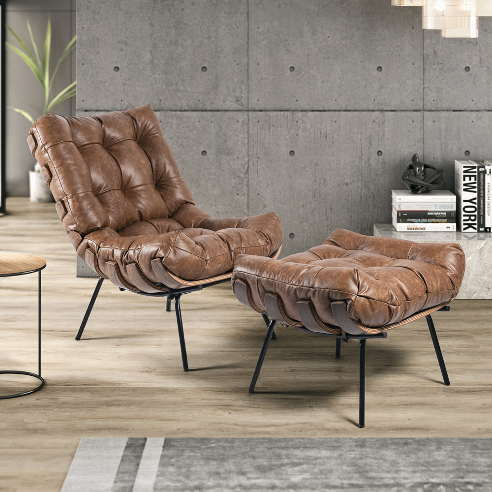 Puff Costela Couro Nozes Base Metal D'Rossi