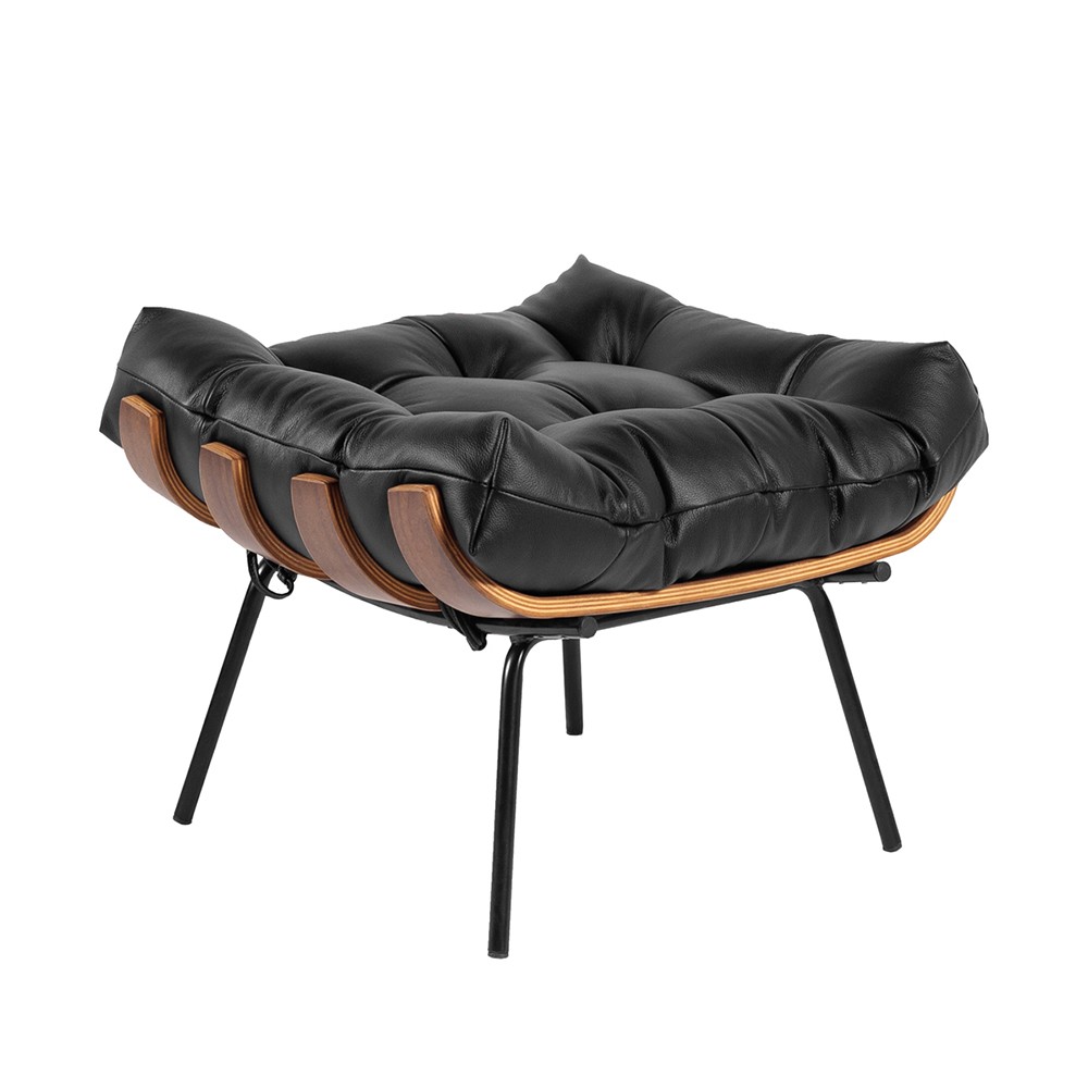 Puff Costela Couro Preto Base Metal D'Rossi