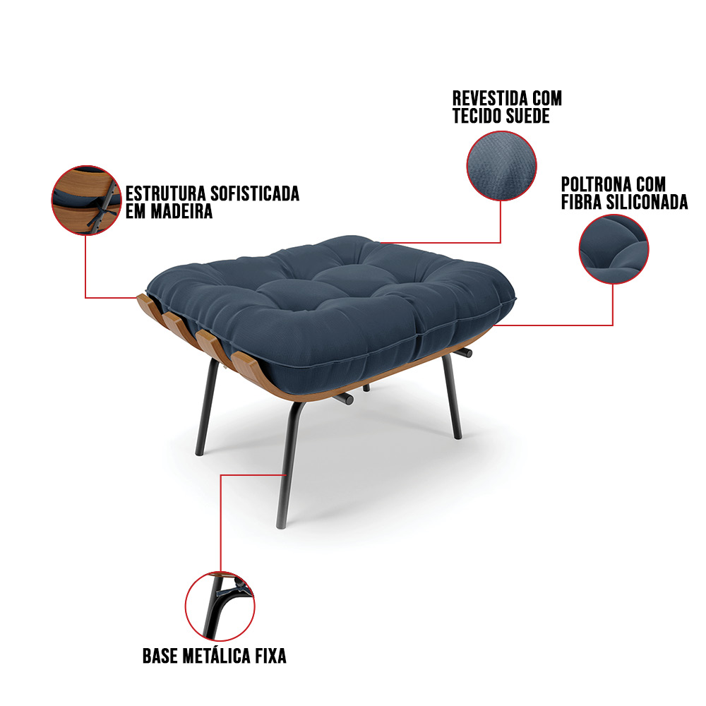 Puff Costela Suede Azul Marinho Base Metálica Preto - D'Rossi