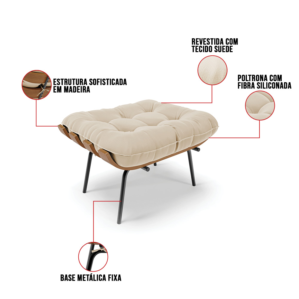Puff Costela Suede Bege Base Metálica Preto - D'Rossi