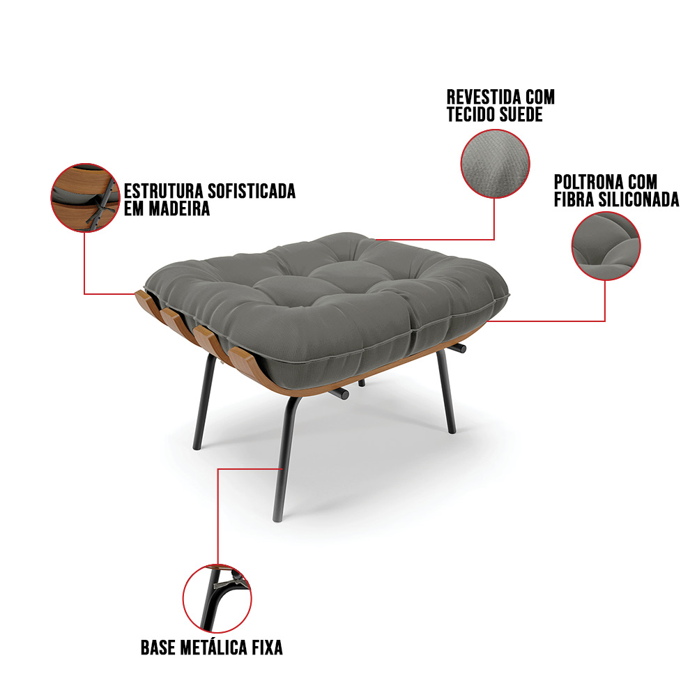 Puff Costela Suede Grafite Base Metálica Preto - D'Rossi