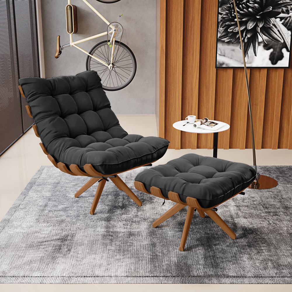 Puff Giratório Costela  Suede Preto Base de Madeira MA30 M11 - D'Rossi 