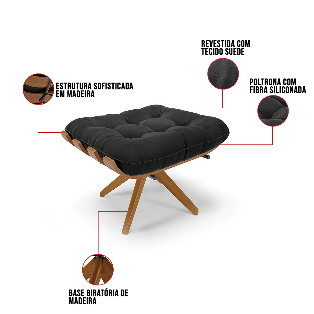 Puff Giratório Costela  Suede Preto Base de Madeira MA30 M11 - D'Rossi 