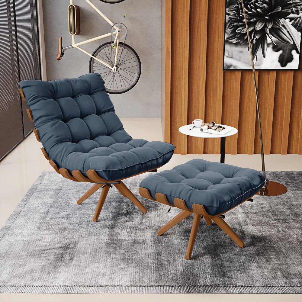 Puff Giratório Costela Suede Azul Marinho Base de Madeira MA30 M11 - D'Rossi 