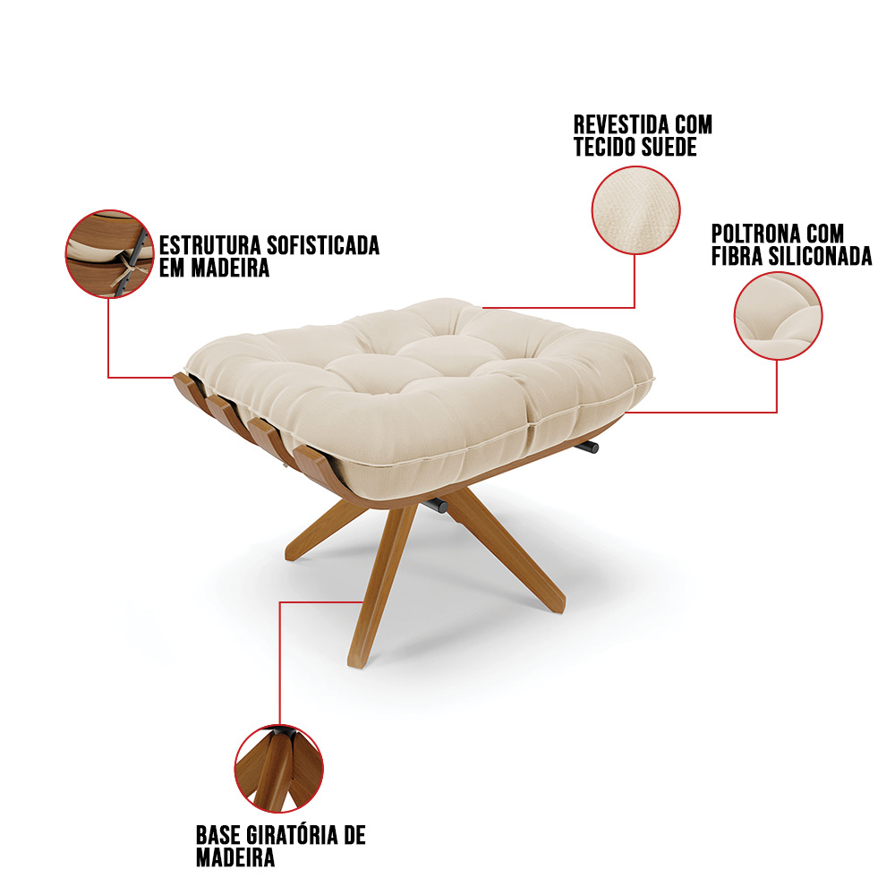 Puff Giratório Costela Suede Bege Base Madeira MA25 D'Rossi
