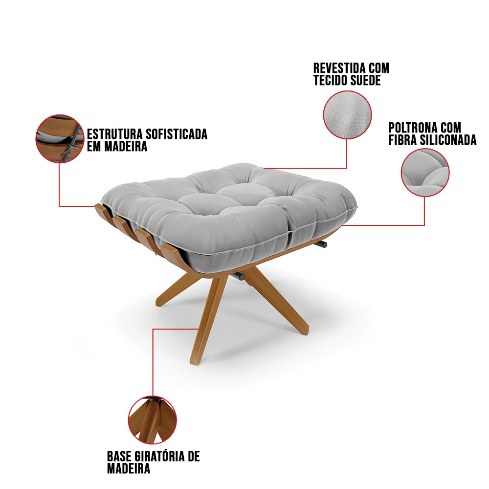 Puff Giratório Costela Suede Cinza Base de Madeira MA30 M11 - D'Rossi