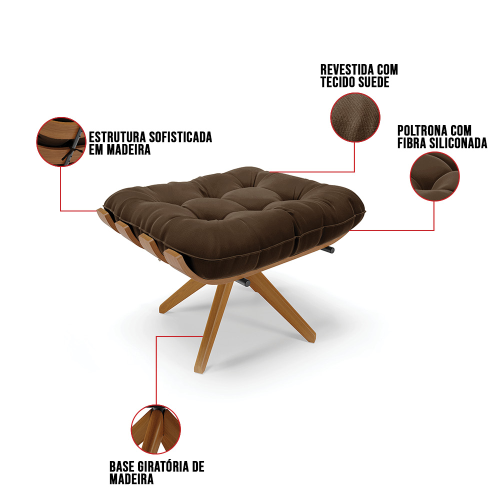Puff Giratório Costela Suede Marrom Base de Madeira MA30 M11 - D'Rossi 