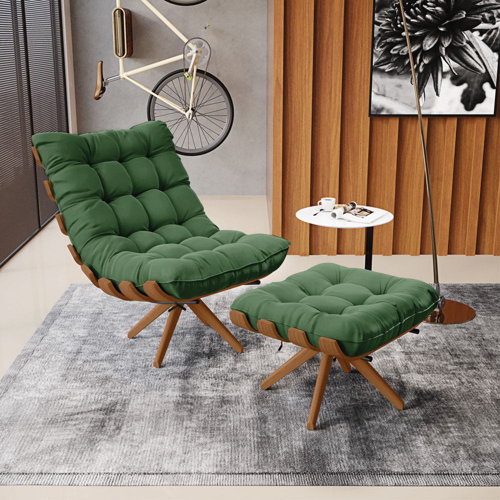 Puff Giratório Costela Suede Verde Base de Madeira MA30 M11 - D'Rossi 