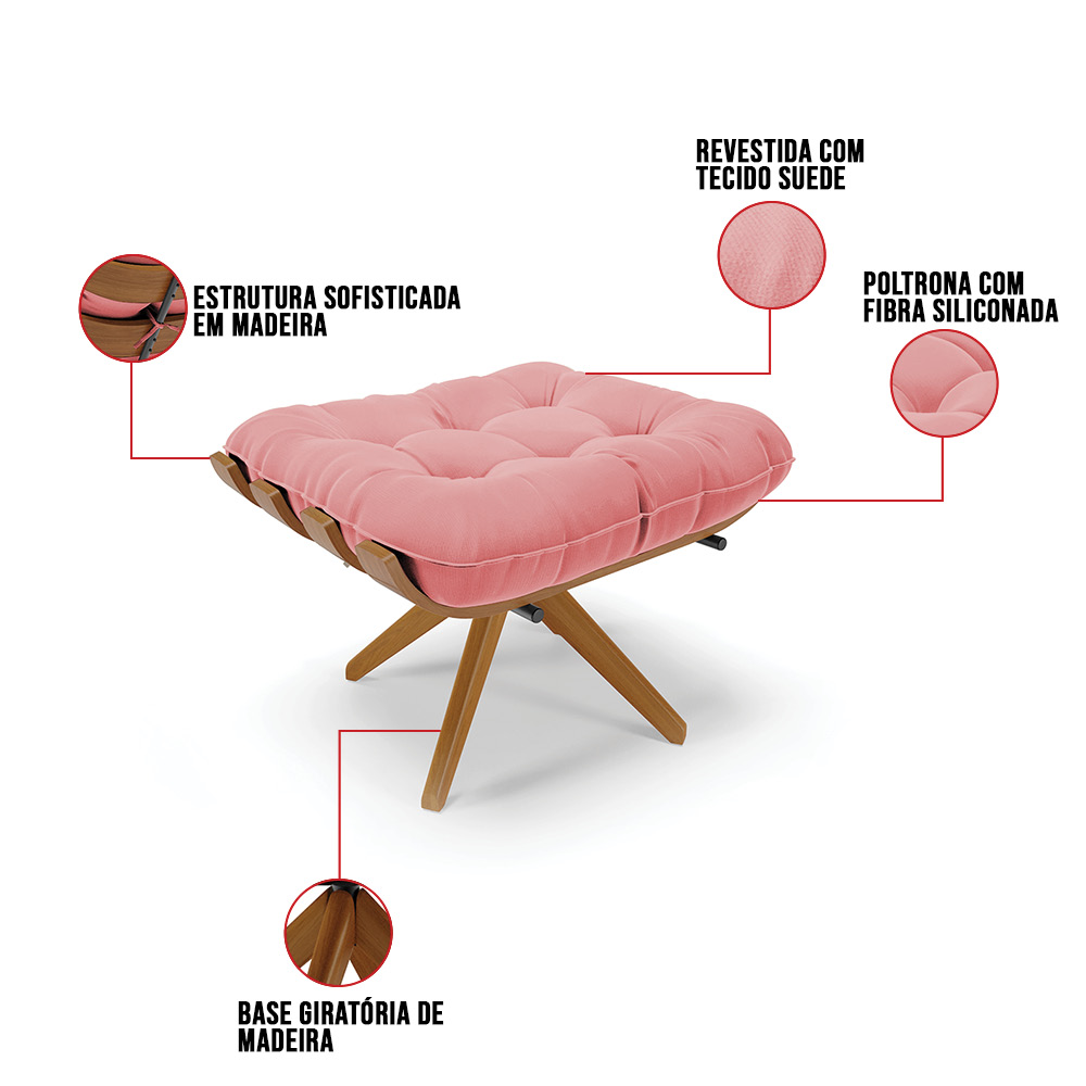 Puff Giratório Costela kit 2 Suede Rosê Base de Madeira MA30 M11 - D'Rossi