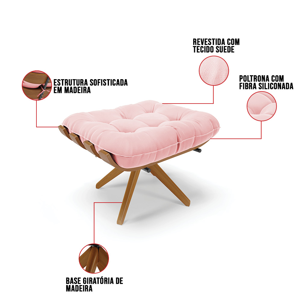 Puff Giratório Costela kit 2 Suede Rosa Bebê Base de Madeira MA30 M11 - D'Rossi