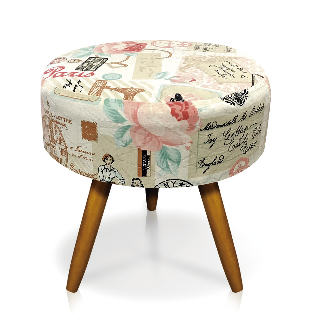 Puff Larissa Estampado Retrô Rosa D61 Pés Palito Castanho - D'Rossi