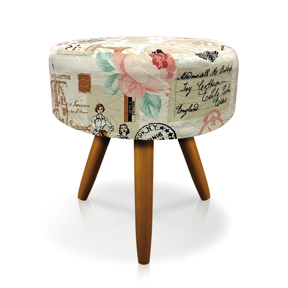 Puff Larissa Estampado Retrô Rosa D61 Pés Palito Castanho - D'Rossi